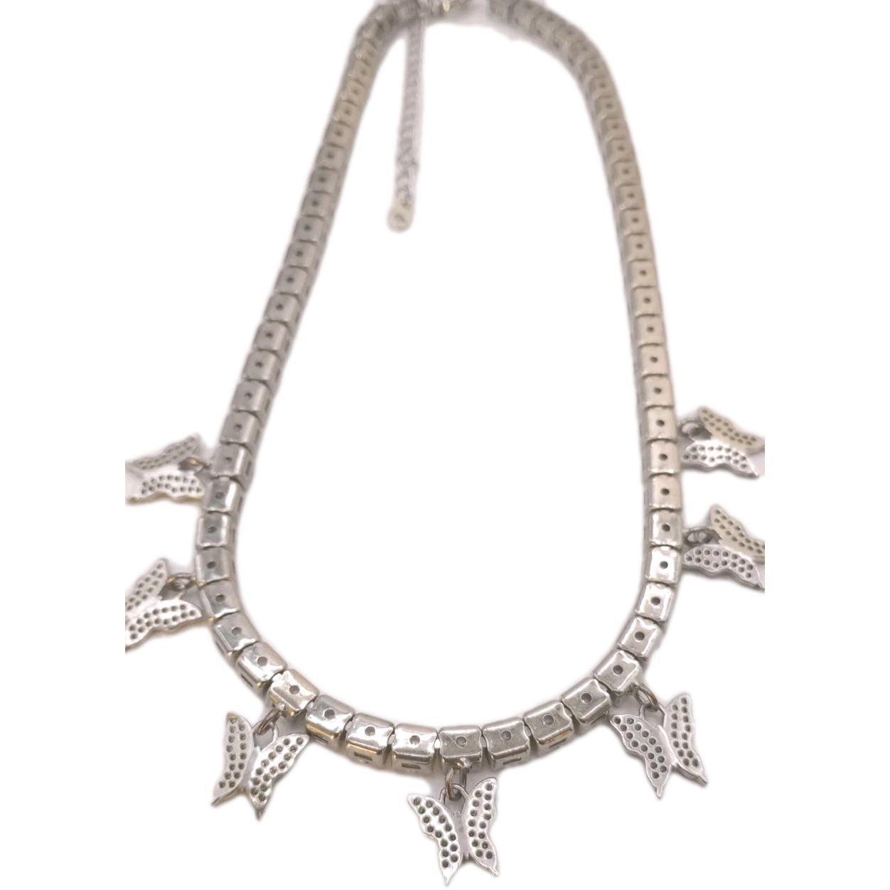 Clear Butterfly Charm Necklace Rhinestone Silver Tone Adjustable 13 to 15 in