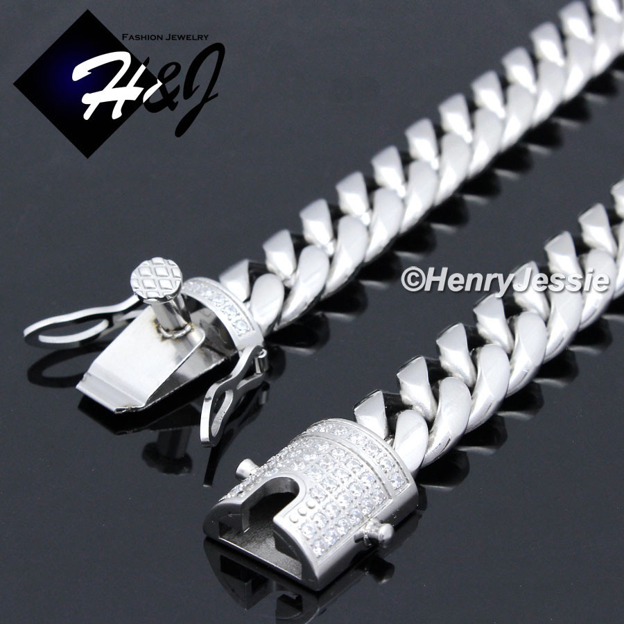 18″-40″MEN Stainless Steel 14mm Silver ICY CZ Miami Cuban Curb Link Necklace*158