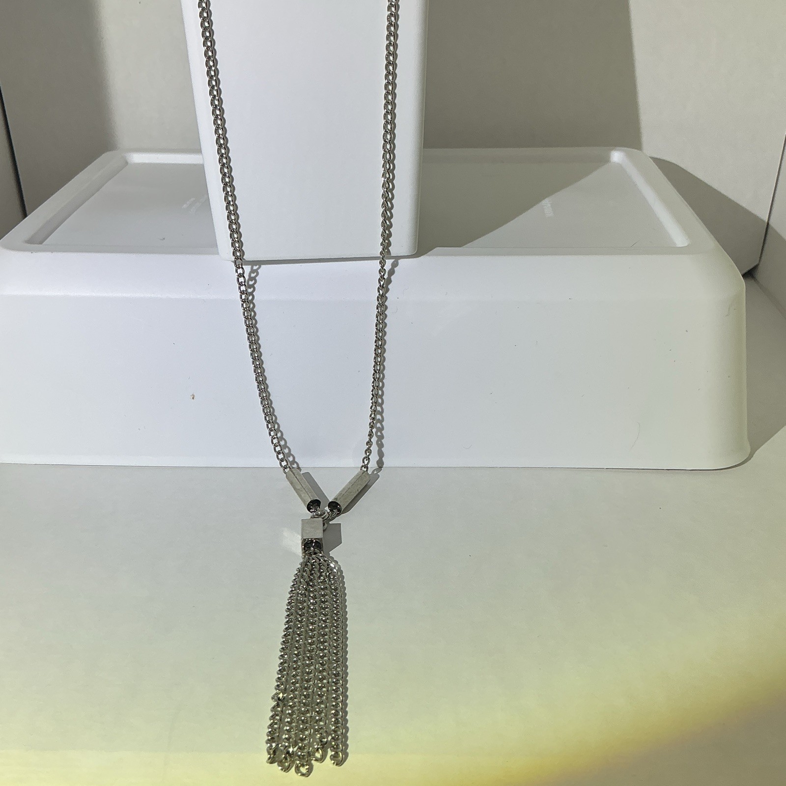 Silver Tone Cable Chain Square Tassel Pendant Necklace Lobster Clasp 34 in
