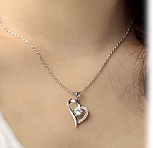 Silver Tone Crystal Heart Pendant Necklace Earrings – Womens Fashion Jewelry Set