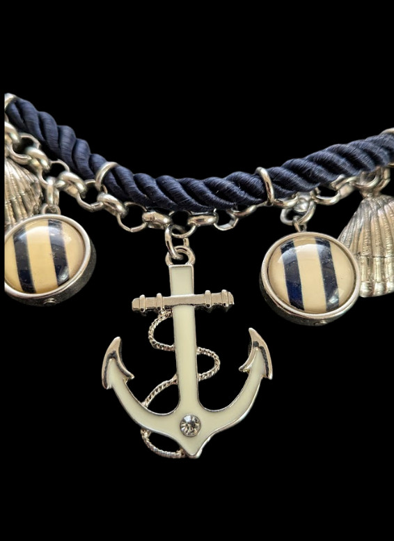 Nautical Navy Blue Braided Rope Necklace Silver Tone Anchor Shell Charms Signed