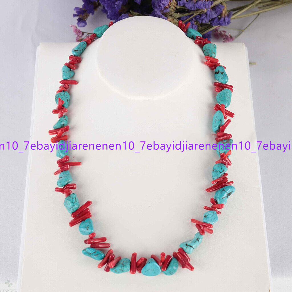 Natural 10x12mm Blue Turquoise Nugget & Red Coral Chip Gemstone Necklace 16-28in