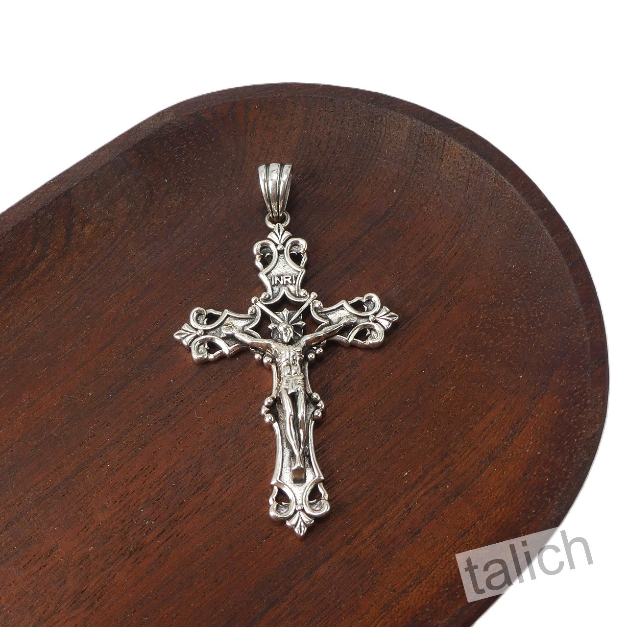 Solid 925 Sterling Silver Ornate Floral Scroll Crucified Jesus Cross Pendant