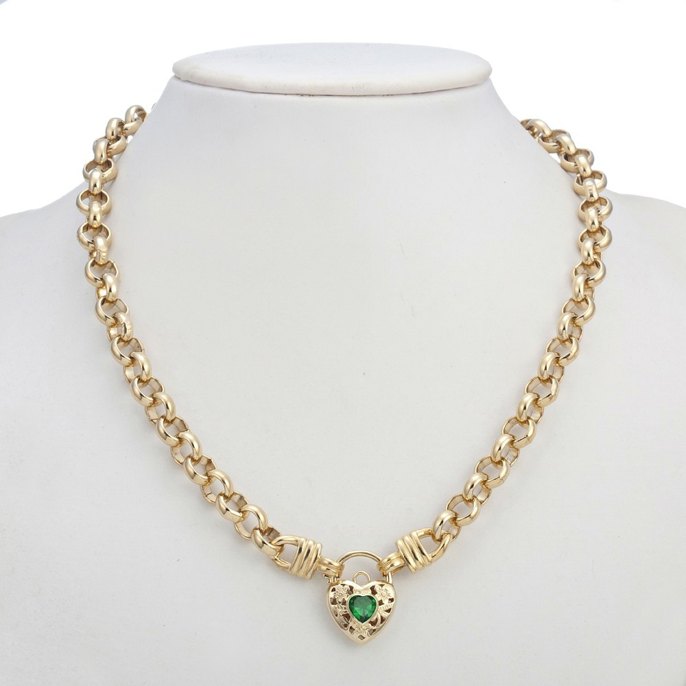 18K GL Thick Solid Rolo Yellow Gold Necklace Filigree Heart Padlock Emerald Gem