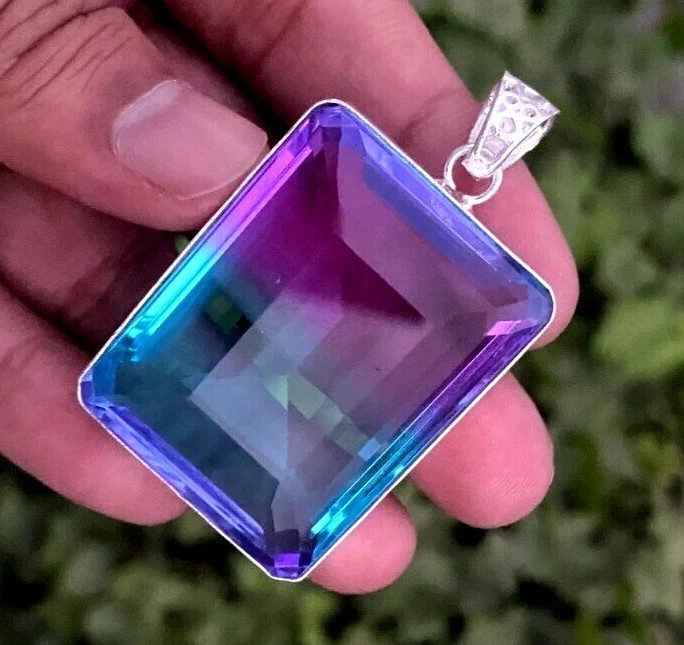 58 CT+ Flawless Bi-Color Tourmaline Pendant 925 Sterling Silver Plated Jewelry