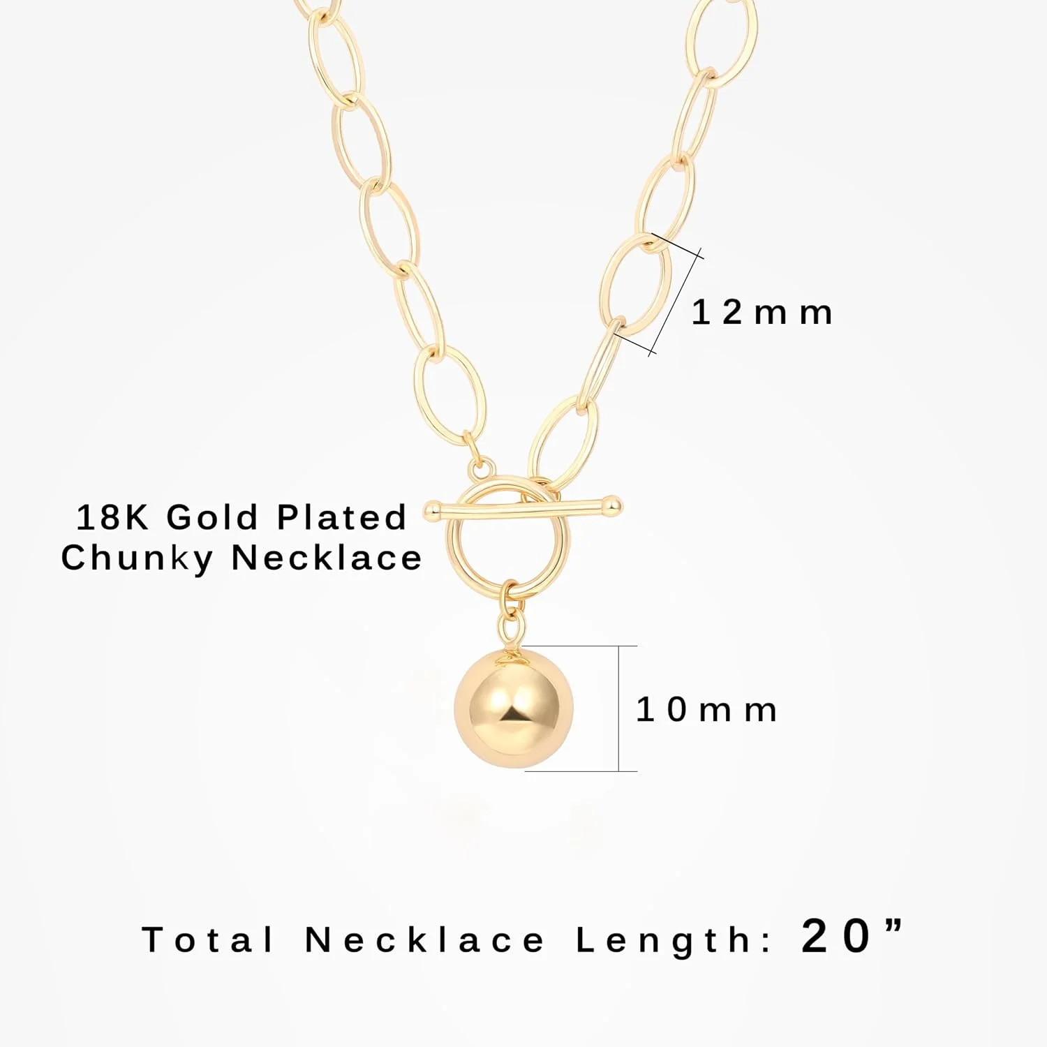 18K Gold Plated Chunky Chain Necklace for Women Harmony Ball Pendant Toggle Clas
