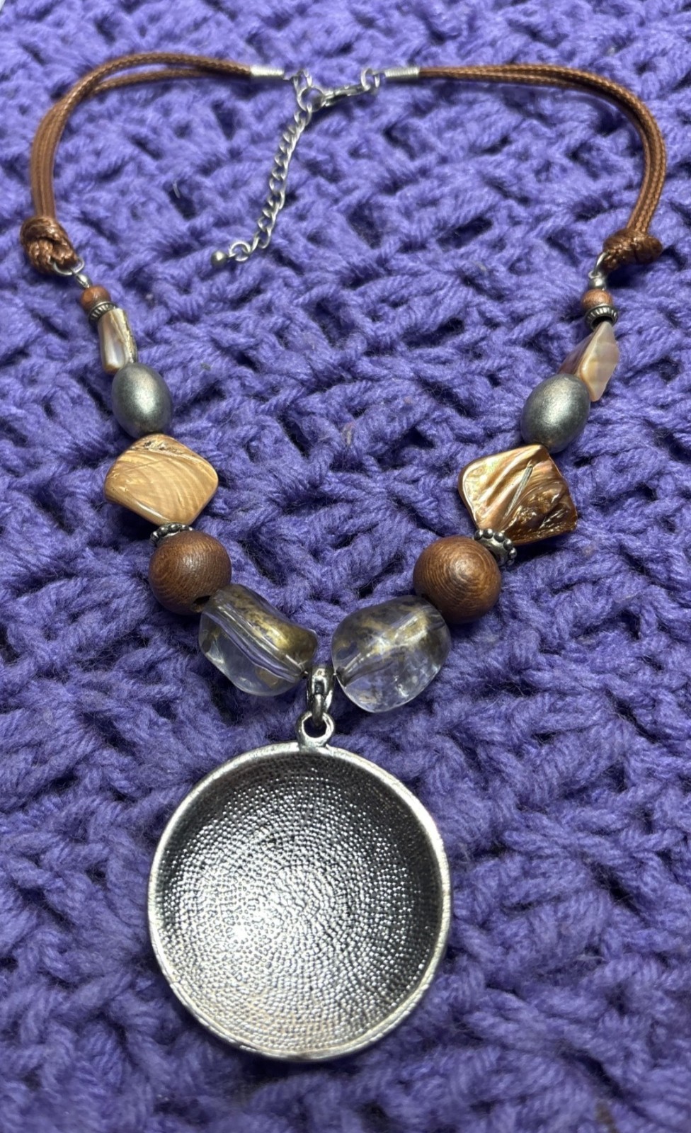 Retro Boho Beaded Brown Double Cord Necklace Shell Wooden Metal Enamel Pendant