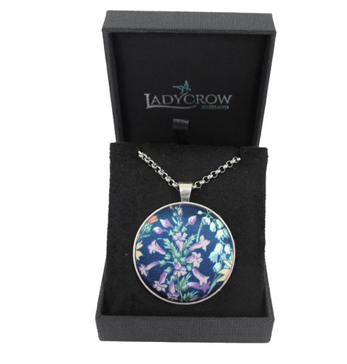 Luxurious Fine Liberty Silk Satin Navy Blue Green Floral Design Pendant Necklace