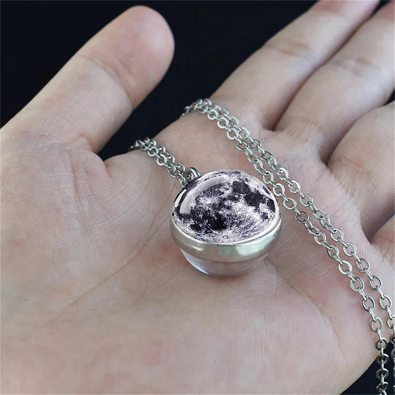 Double Sided Galaxy Planet Glass Ball Pendant Necklace Sun Earth Moon Mars