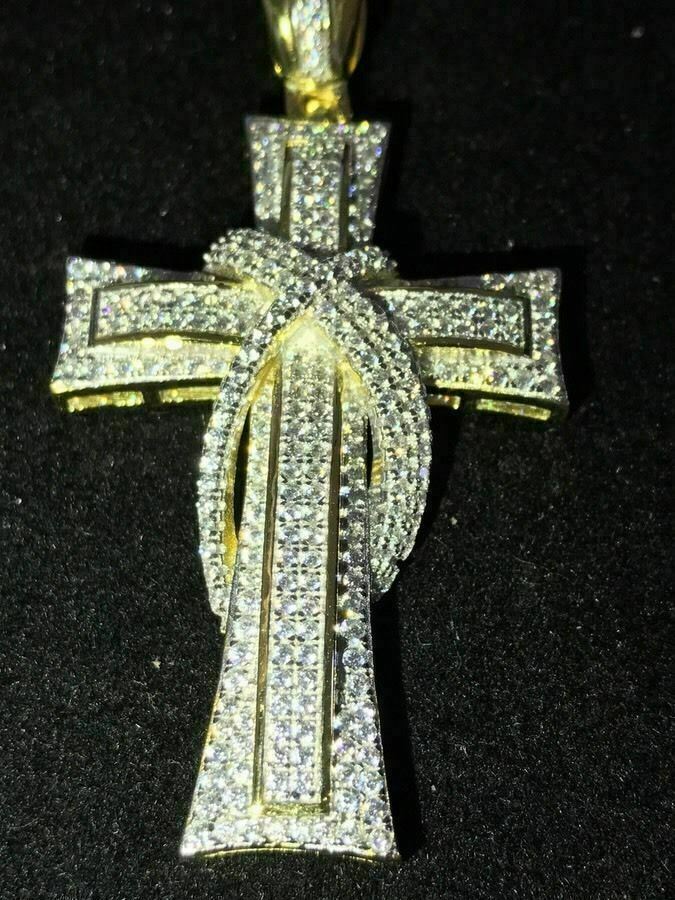 Cross Crucifix Pendant Simulated Diamonds 14K Gold Plated 925 Sterling Silver