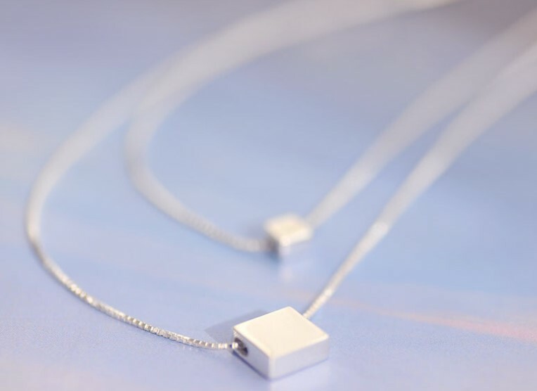 16-20″ Sterling silver double layer Cube choker Box necklace Pendant Gift F20