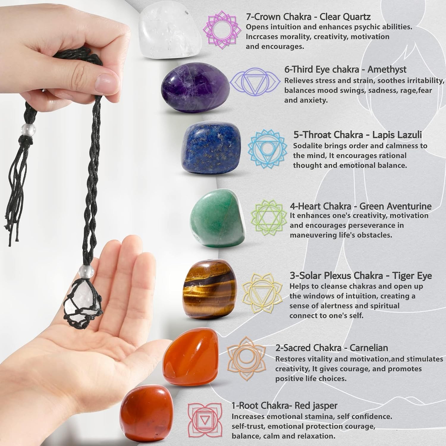 Boho 7 Chakra Stones Crystal Necklace – Adjustable Cord for Energy and Balance