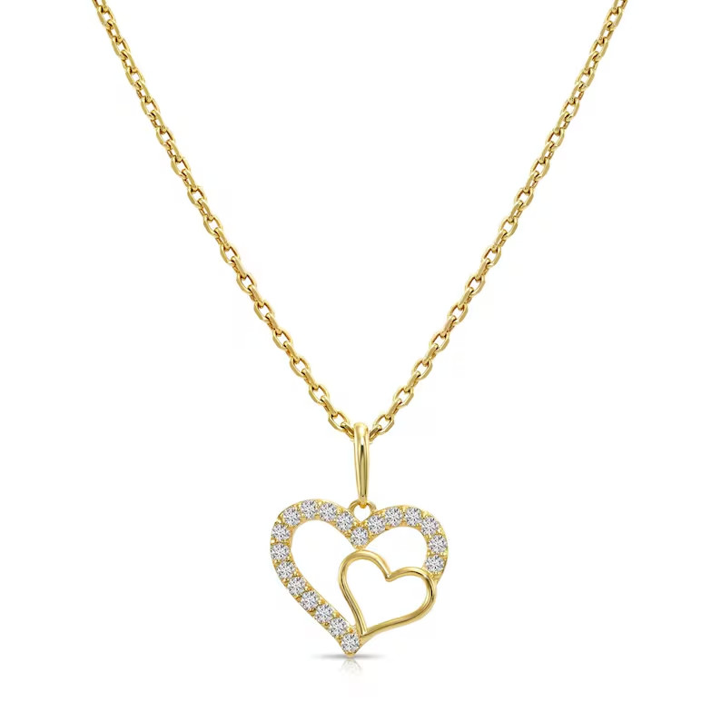 14K Yellow Gold Plated Women Unique 2-Heart Pendant 2Ct Round Simulated Diamond