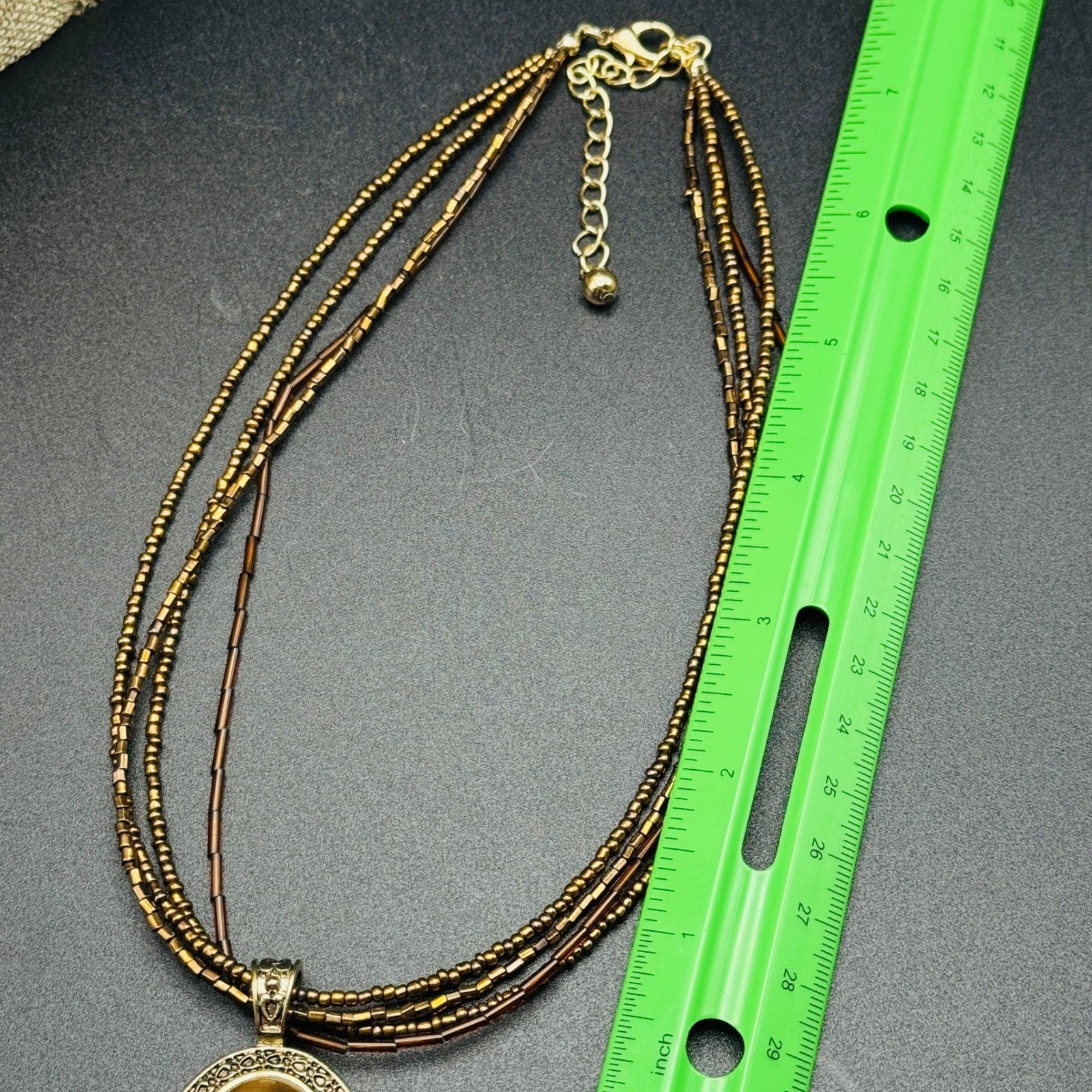 Brown Cats Eye Pendant Multi Strand Seed Bead Necklace Bronze Gold Boho Bohemian