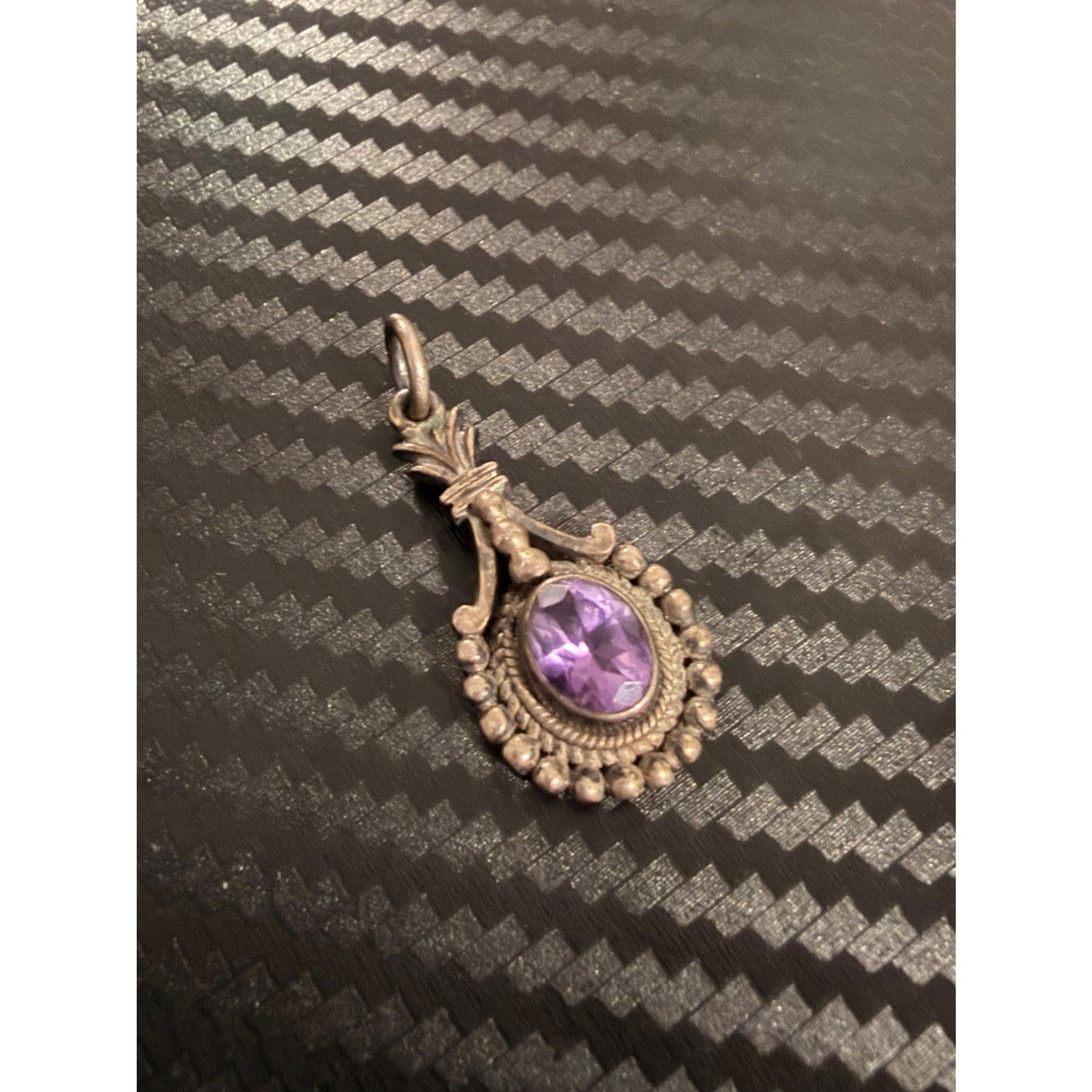 Vintage Sterling Silver with Amethyst Oval Beaded Drop Pendant 3.88g