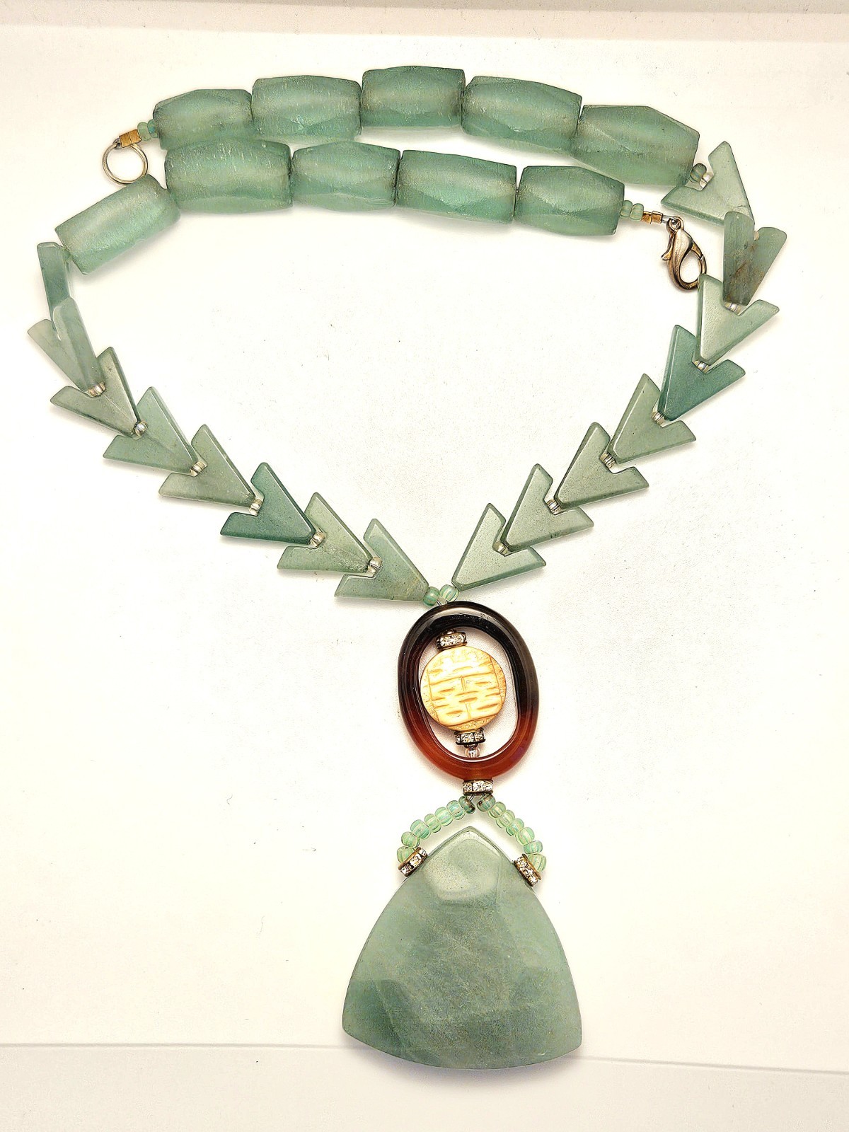 Green Glass Stone & Gemstone Beaded Necklace Trillion Charm Pendant Happiness
