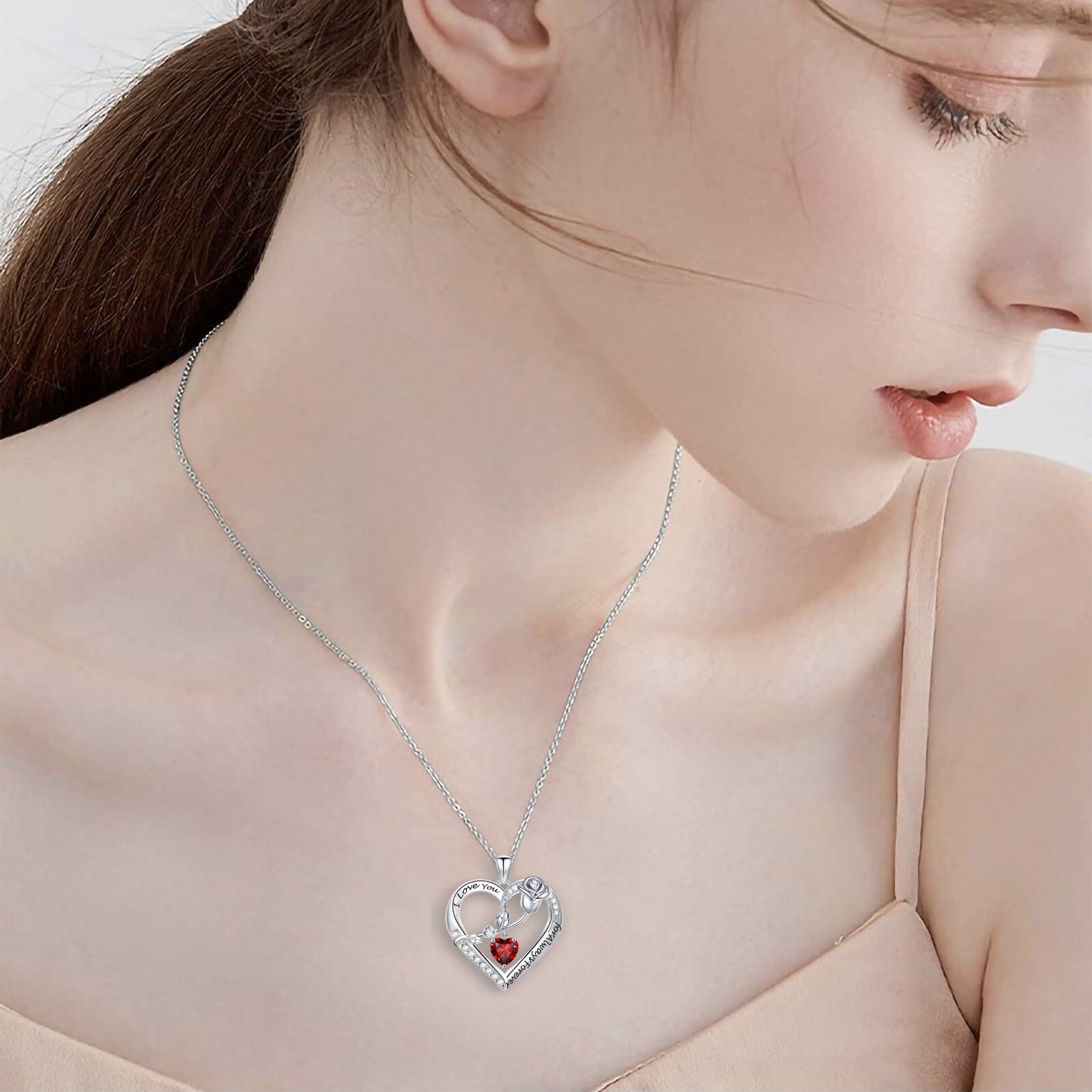 Necklac for Women White Gold Plated 5A Heart CZ Rose Engraved Necklace