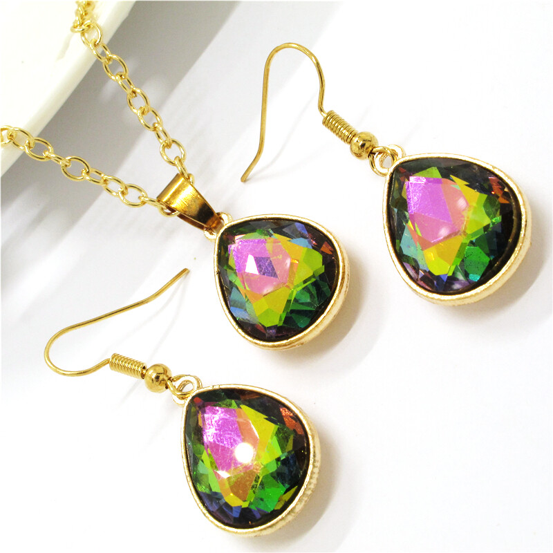 Hot Fashion Jewelry AB Colored Water Drops Crystal Chain Necklace Earrings Set