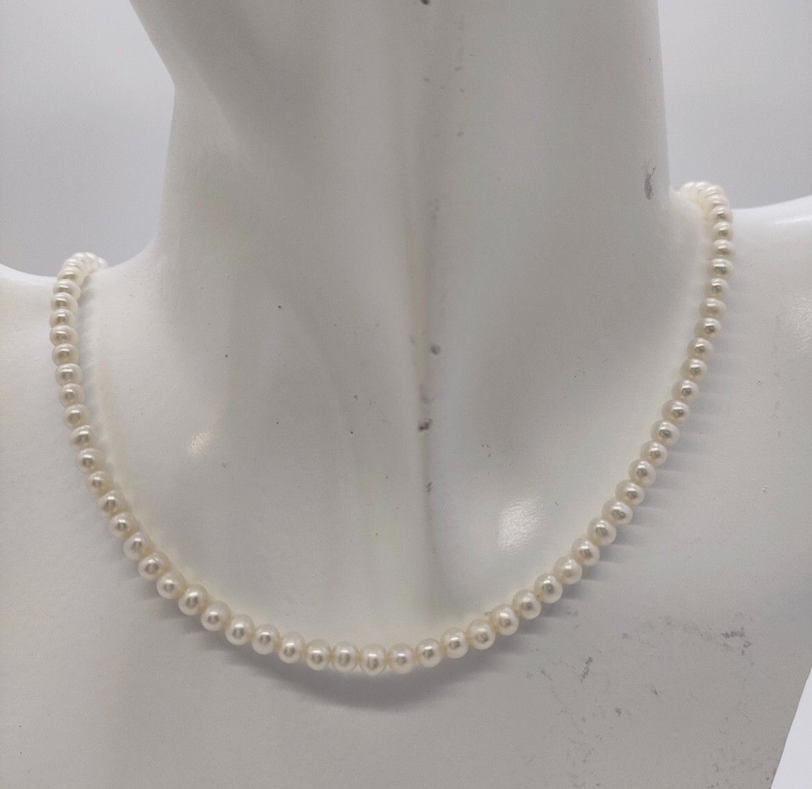 3 – 4 mm White Pearl Necklace with 18K Gold Clasp 16 inch length