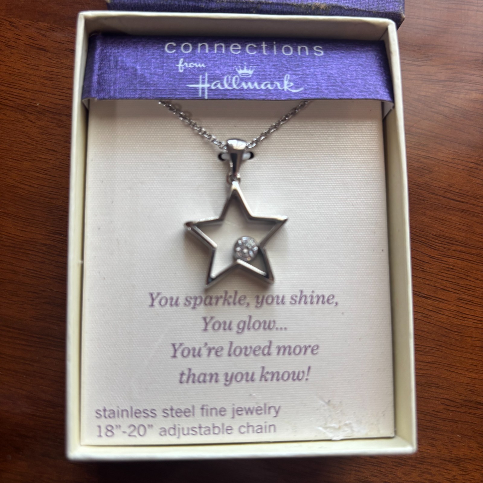 Connections Hallmark Stainless Steel Sparkle Star Necklace 18″ Chain Adjustable