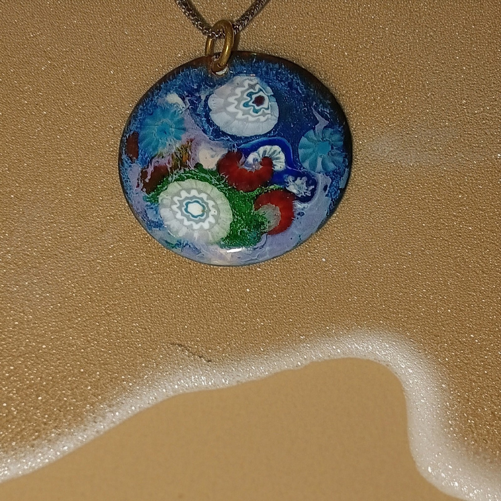 Round Multicolor Glass Pendant Necklace, Blue Accents, Box Chain, Lobster