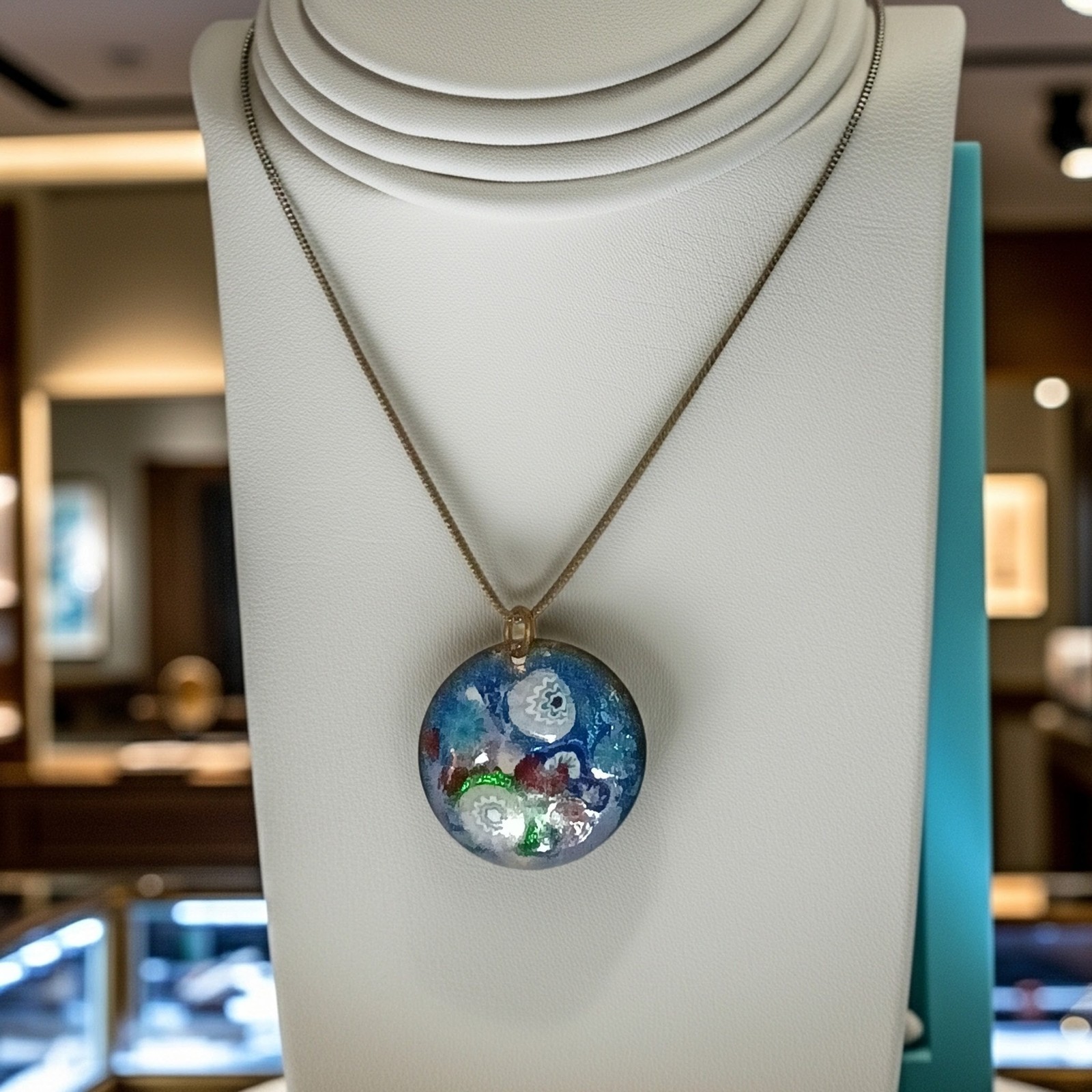 Round Multicolor Glass Pendant Necklace, Blue Accents, Box Chain, Lobster