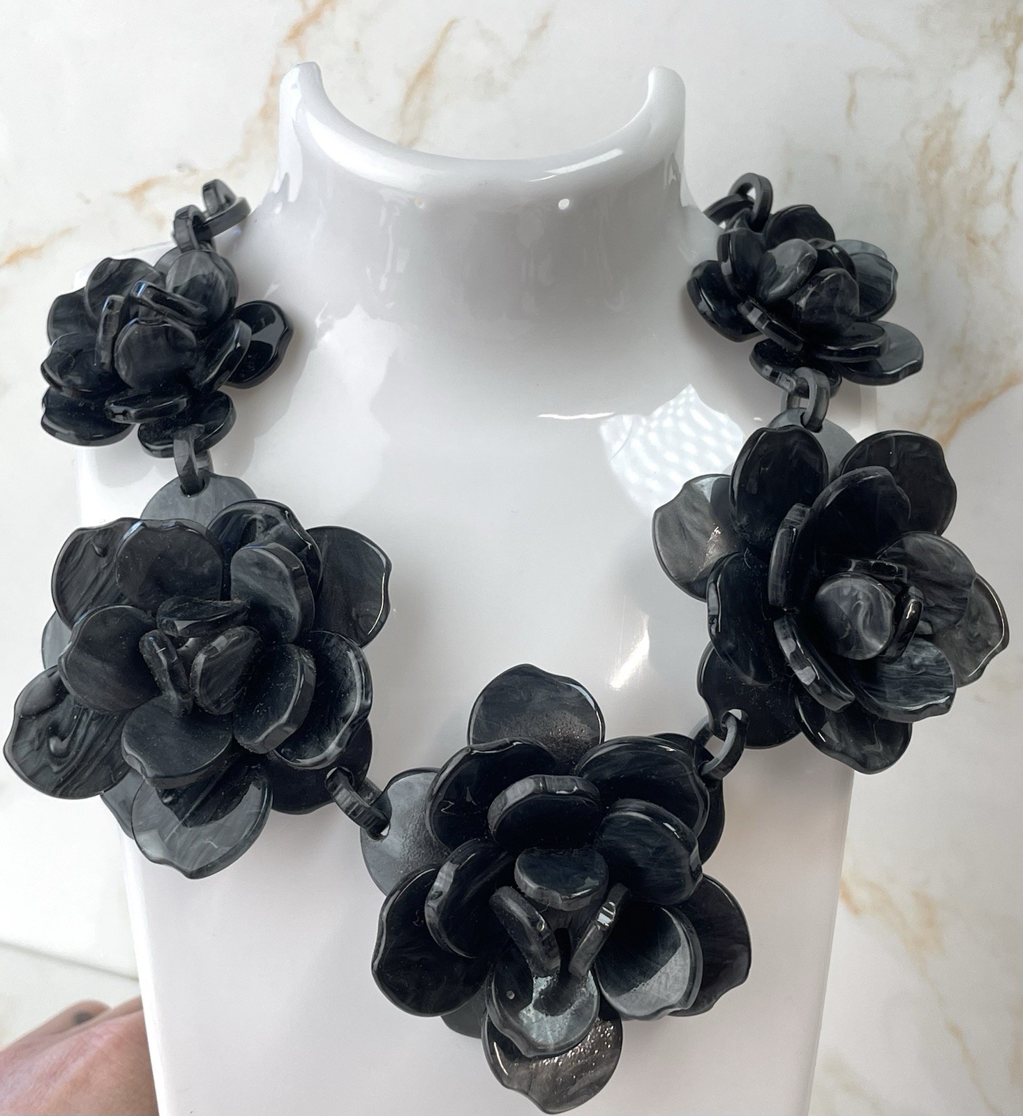 Statement Necklace Large Black Grey Marble Effect Acrylic Flowers