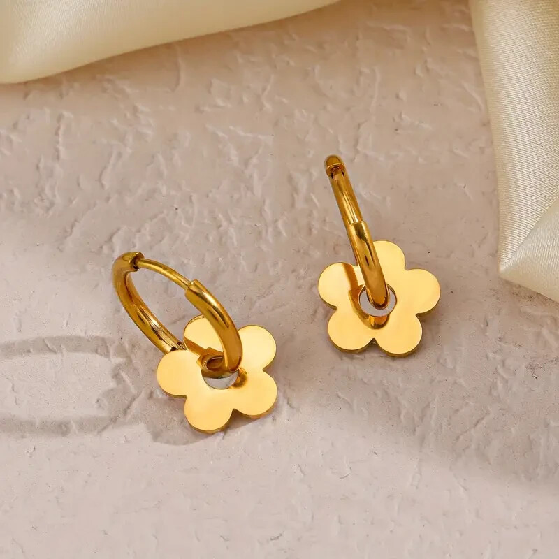 Tiny Golden Flower Design Hoop Earrings Stainless Steel Jewelry Elegant