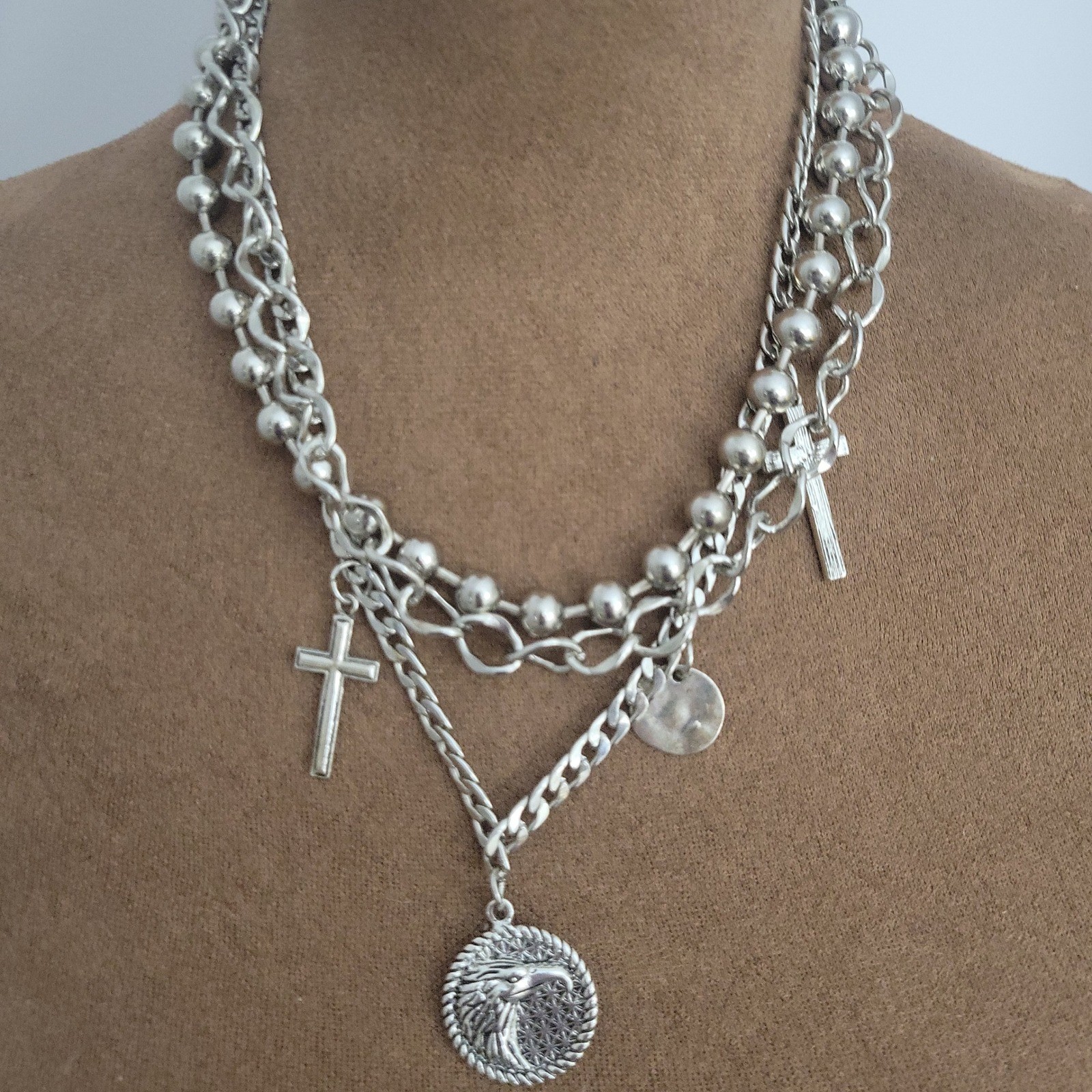 Silver Layered Charm Necklace Cross Eagle Medallion Chunky Chain One Size Grunge
