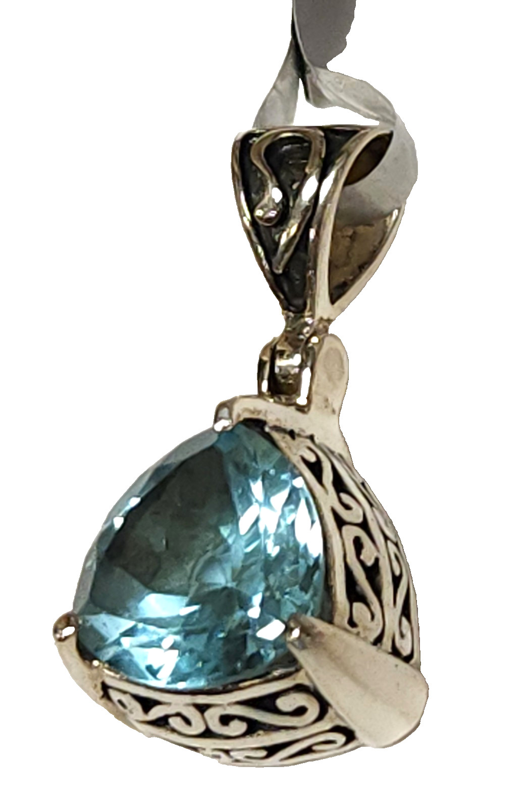 NWT SJ Sterling Silver Trillion Cut 17.42 tcw Blue Topaz Filigree Pendant 1″