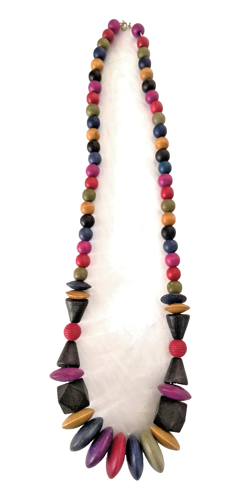 Women’s Statement Necklace Multicolor Wooden Beads Assorted Sizes 15 in drop