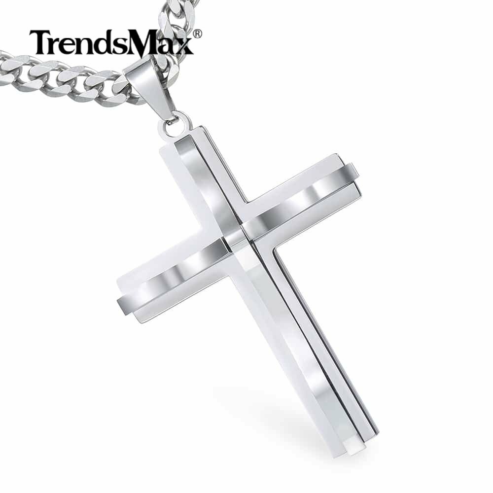 Silver Mens Cross Pendant Necklace 5mm 18-36” Stainless Steel Curb Cuban Chain