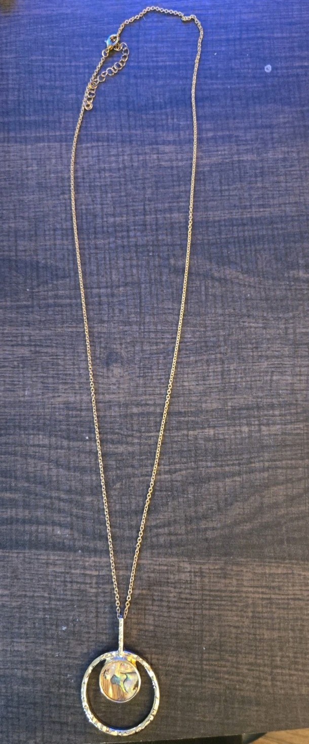 TONI Costume Jewelry 17MM Mother Of Pearl Pendant Gold Tone 14″ long Chain