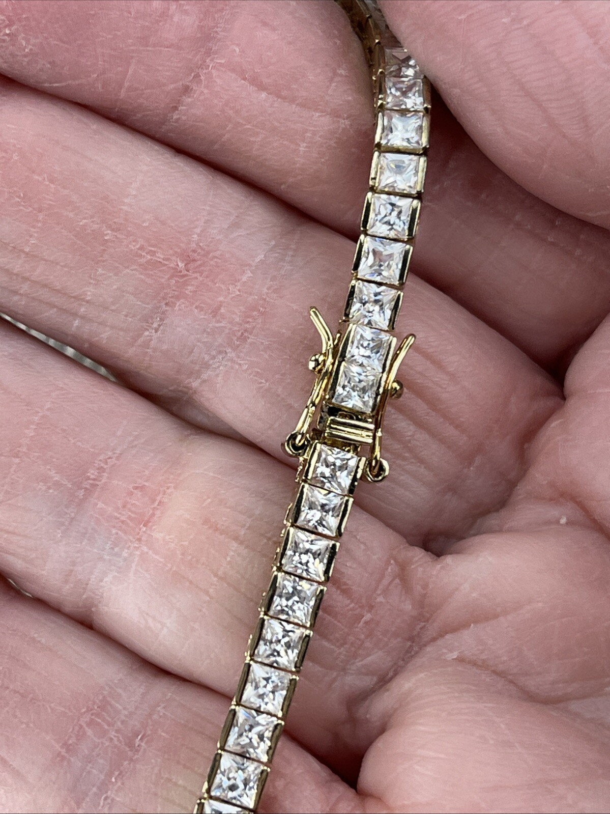 Tennis Chain 16.5” 925 Sterling Silver Clear Simulated CZ Necklace Gold Tone