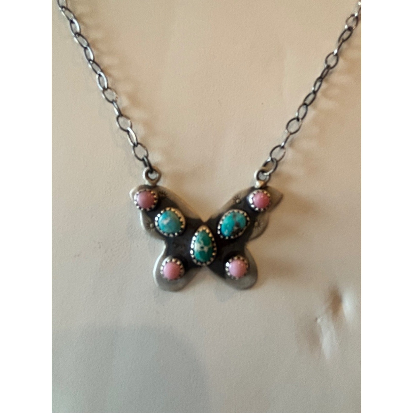 Whitewater Turquoise & Pink Conch Sterling Silver Butterfly Pendant Necklace