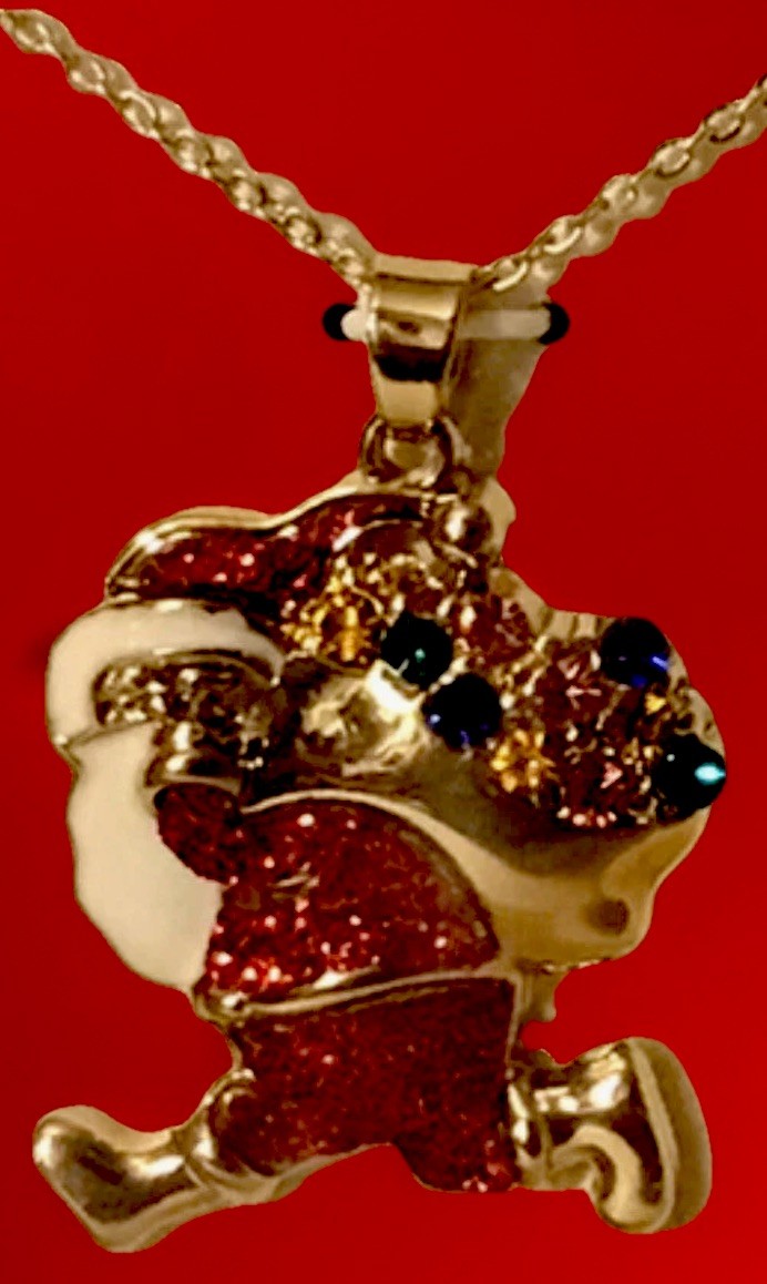 Holiday Time Necklace with a Christmas Santa Charm with Green Rhinestones