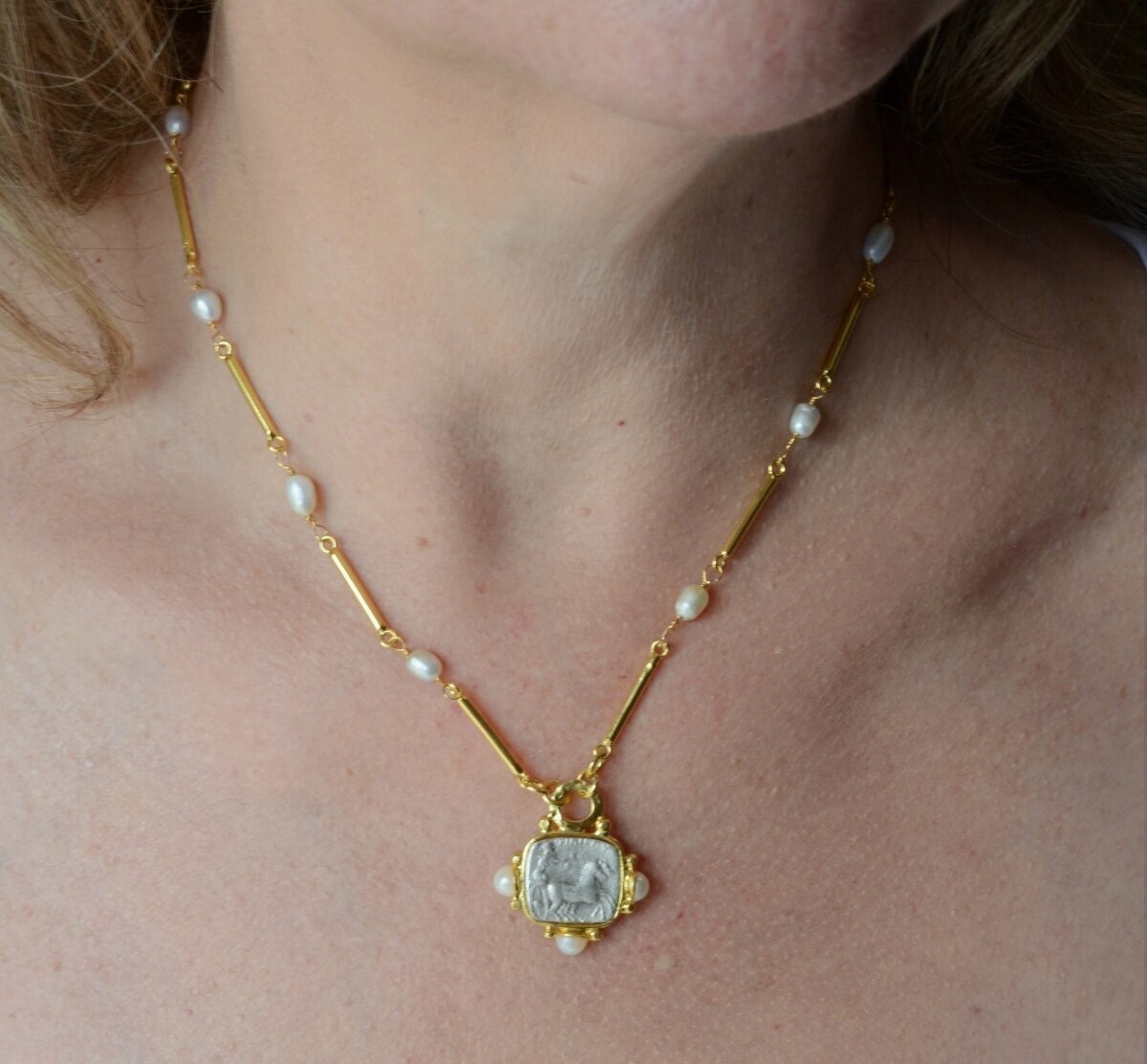 AJS Designs Roman Coin Necklace Pearl Gold Bar 22kt GP Gift