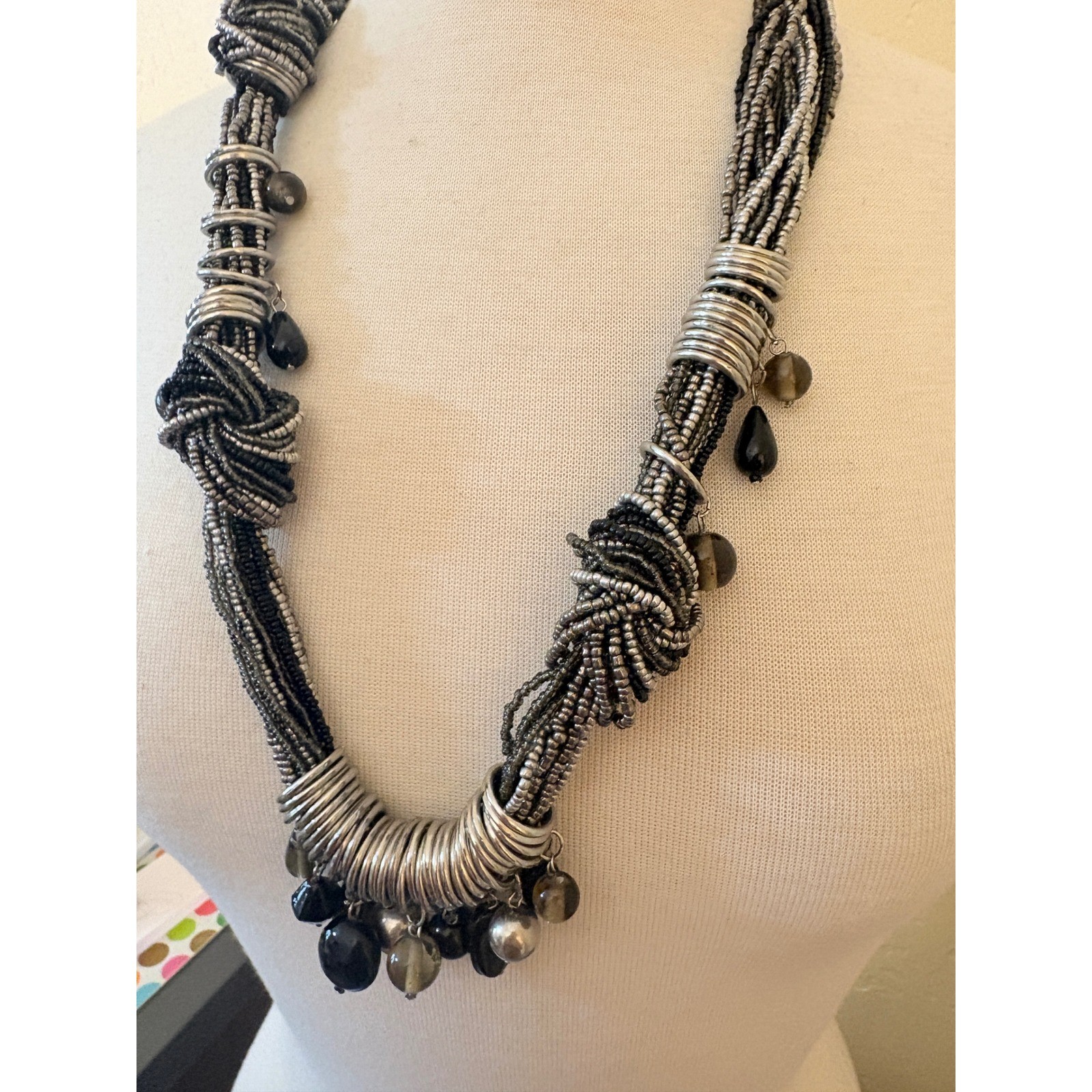 Multi Strand Knotted Seed Bead Statement Necklace Silver Black Grey