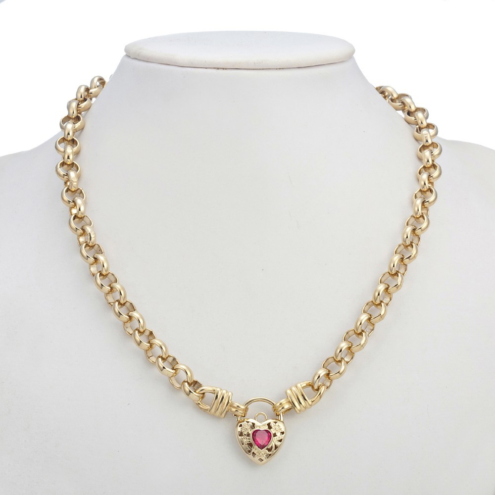 18K GL Thick Solid Rolo Yellow Gold Necklace Filigree Heart Padlock Ruby Red Gem