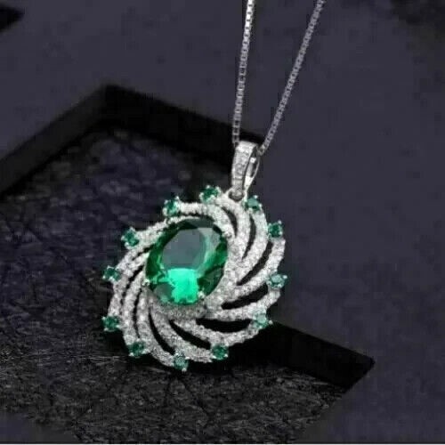 2.20Ct Oval Cut Lab Created Emerald & Diamond Pendant In 14K White Gold Plated