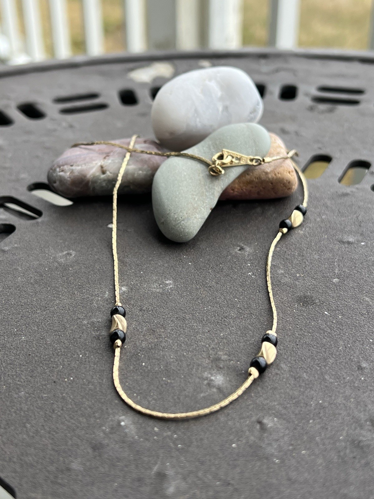 Vintage Amway Italy Gold Tone Snake Chain Necklace Black Bead Minimalist 18”