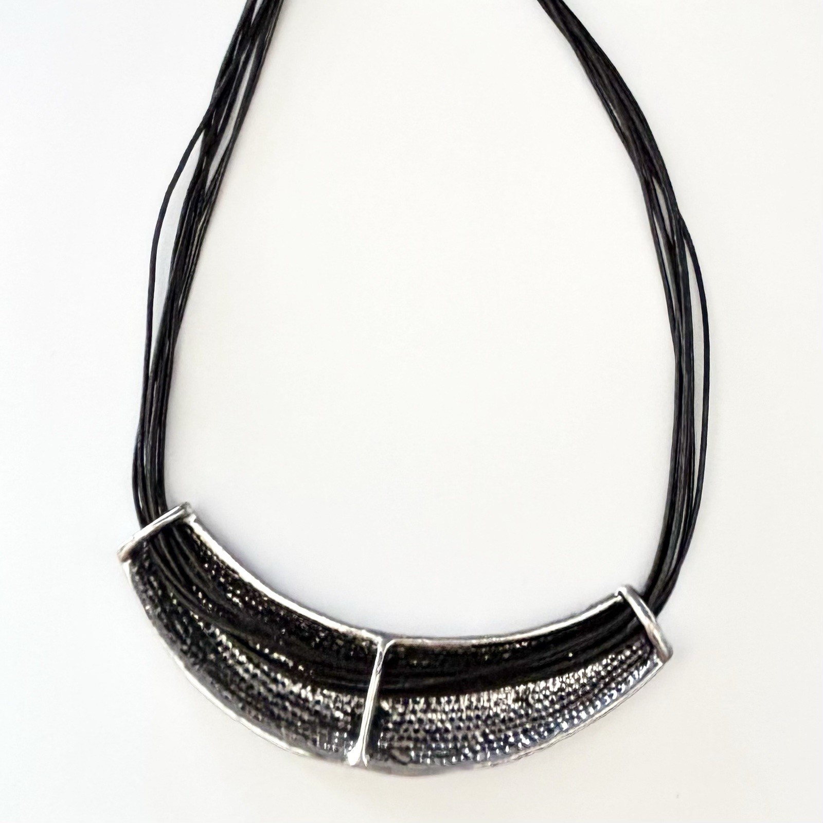 Choker Necklace Adjustable Multi Strand Black Cord Engraved Silver Toned Accent
