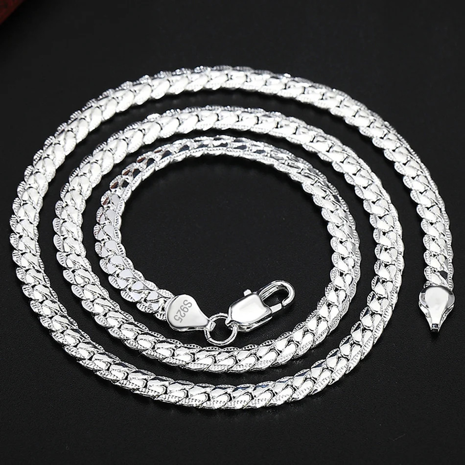 Sterling Silver Chain Necklace 925 6mm Side Chain 8-24in Link Women Jewelry