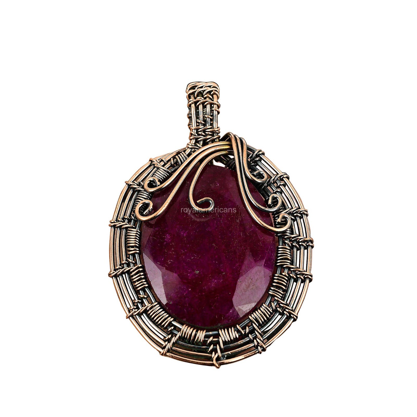 Kashmir Rubi Gemstone Wire Wrapped Pendant Handcrafted Copper Jewelry 2.52″