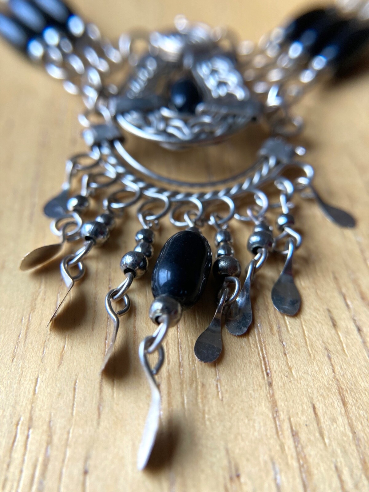 New Handmade Peruvian Alpaca Silver Black Beaded Chocker Necklace 17″ Long