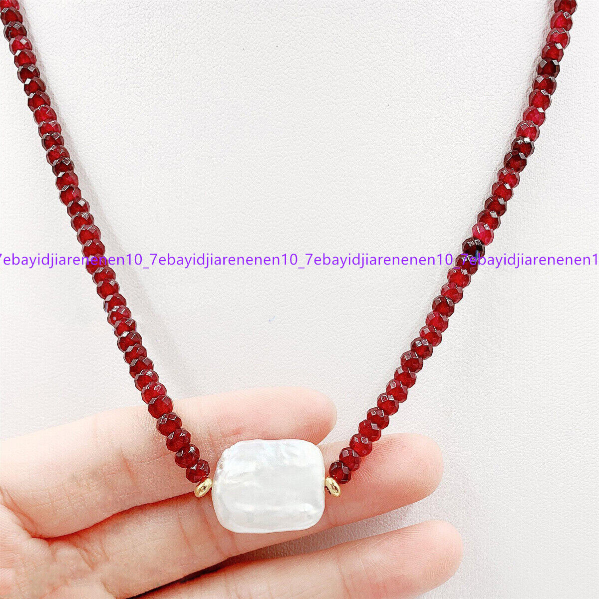 Faceted 2x4mm Red Garnet Natural 15x20mm White Baroque Pearl Pendant Necklace