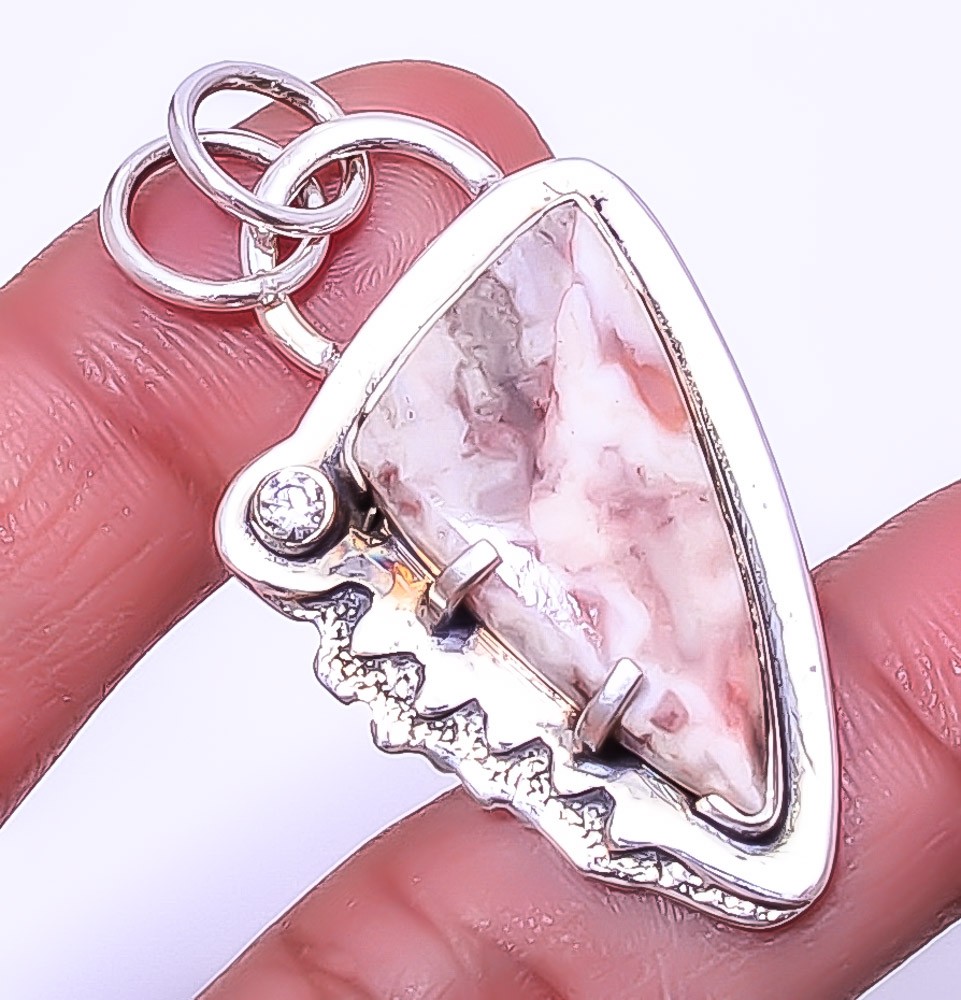 Rosetta Jasper & White Topaz Gemstone 925 Sterling Silver Pendant 1.95″ A378