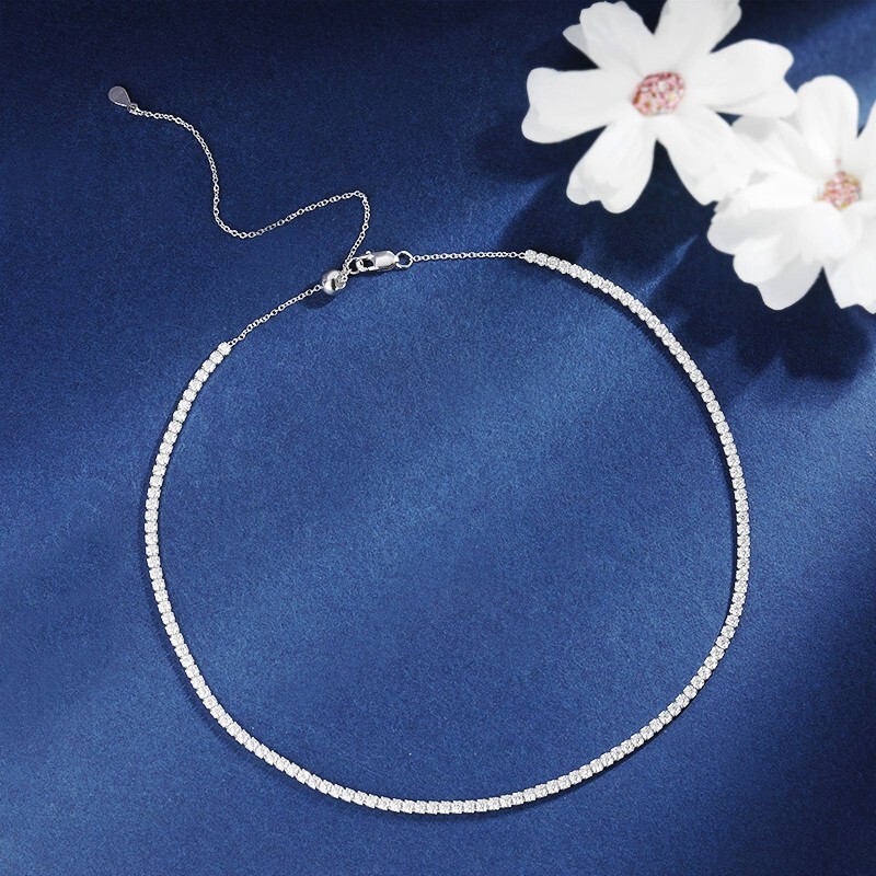2mm Real Moissanite Tennis Chain Necklace 925 Sterling Silver Adjustable Choker