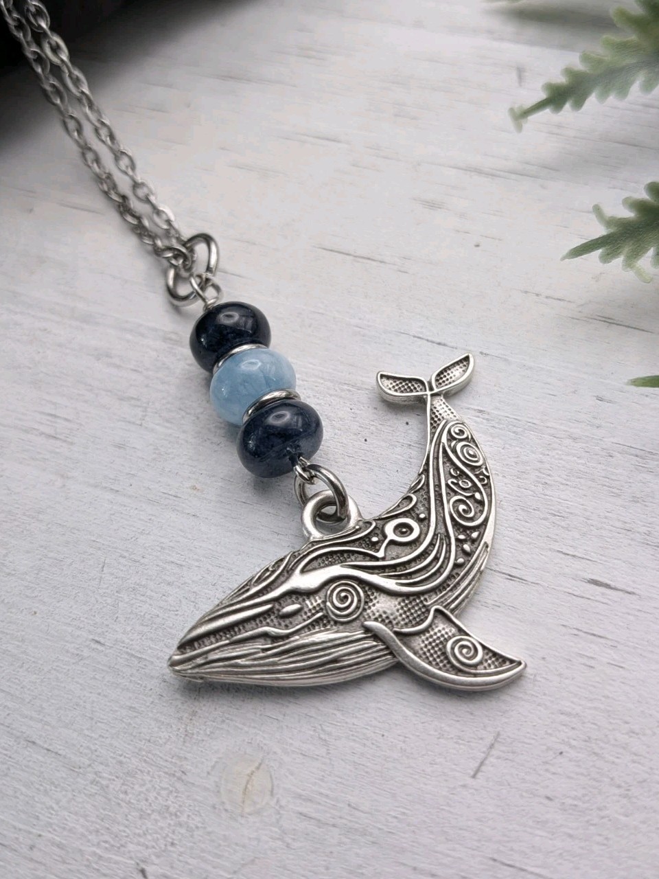 Whale Pendant Necklace With Blue Beads / Marine Life / Nature Jewelry
