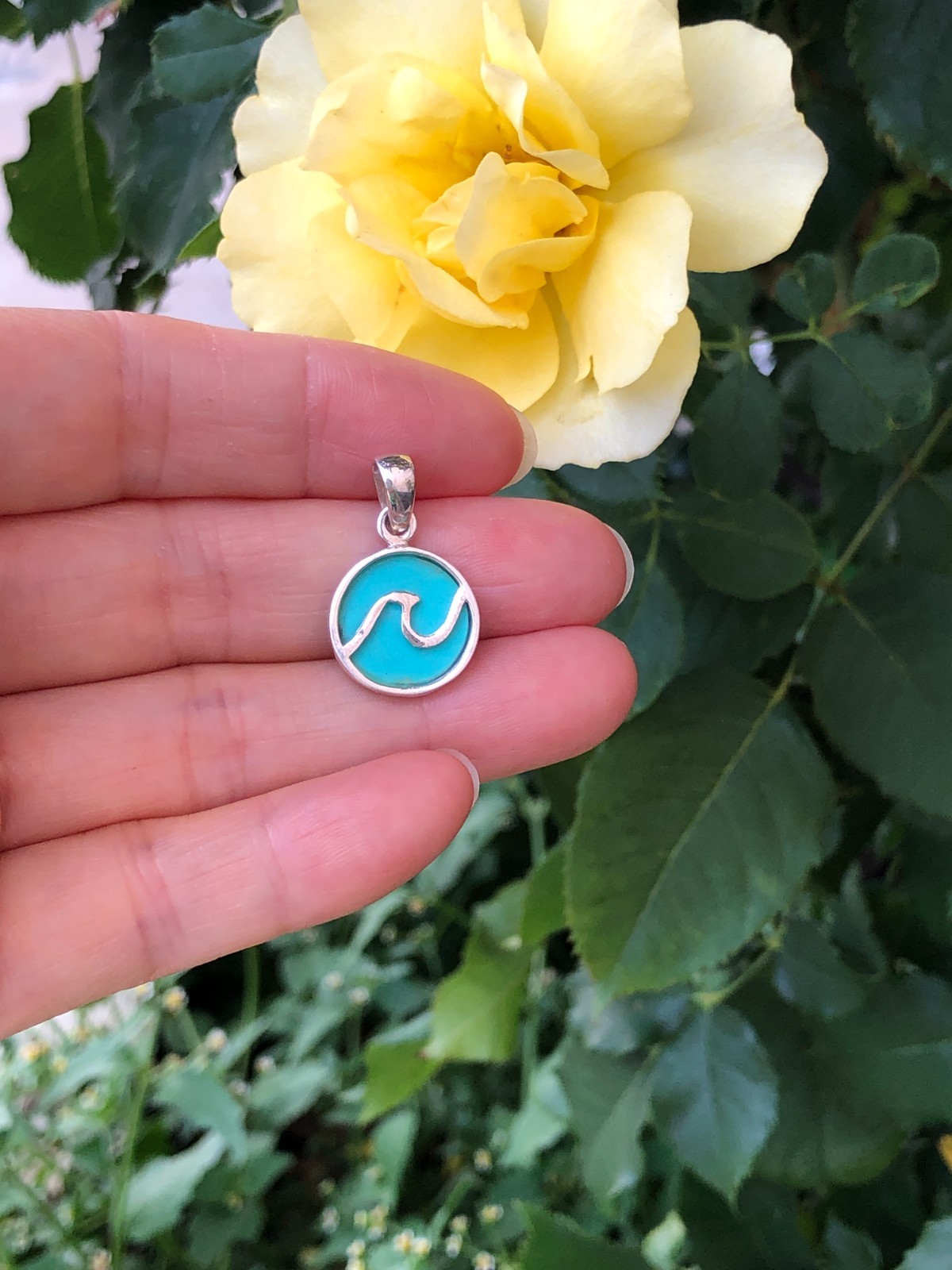 925 Sterling Silver Ocean Wave Turquoise Pendant Two Sided Women 14mm0.55″/24mm